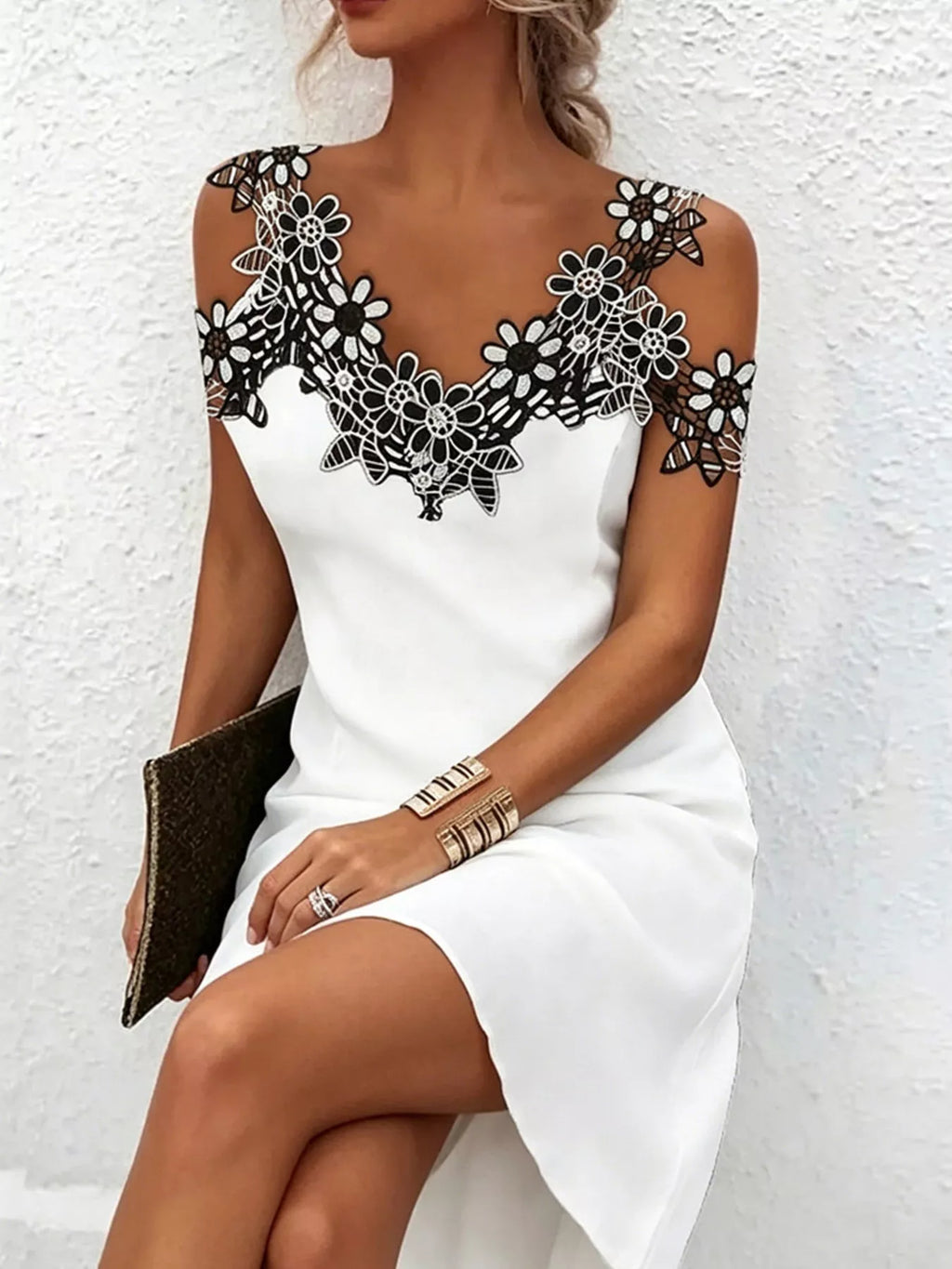 Lace Floral Trim Cold Shoulder Mini Dress