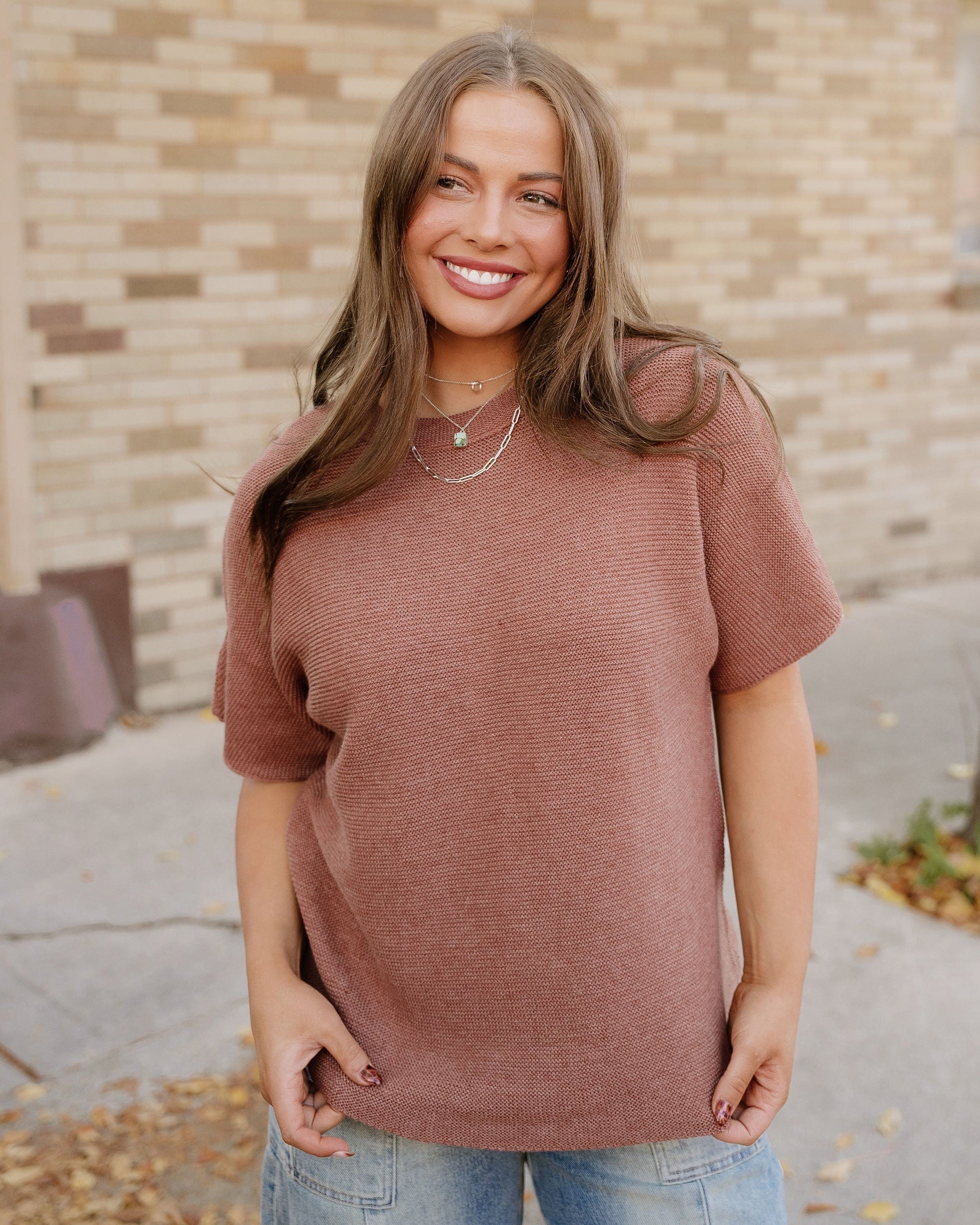 Maya Mock Neck Short Sleeve Sweater - Brown