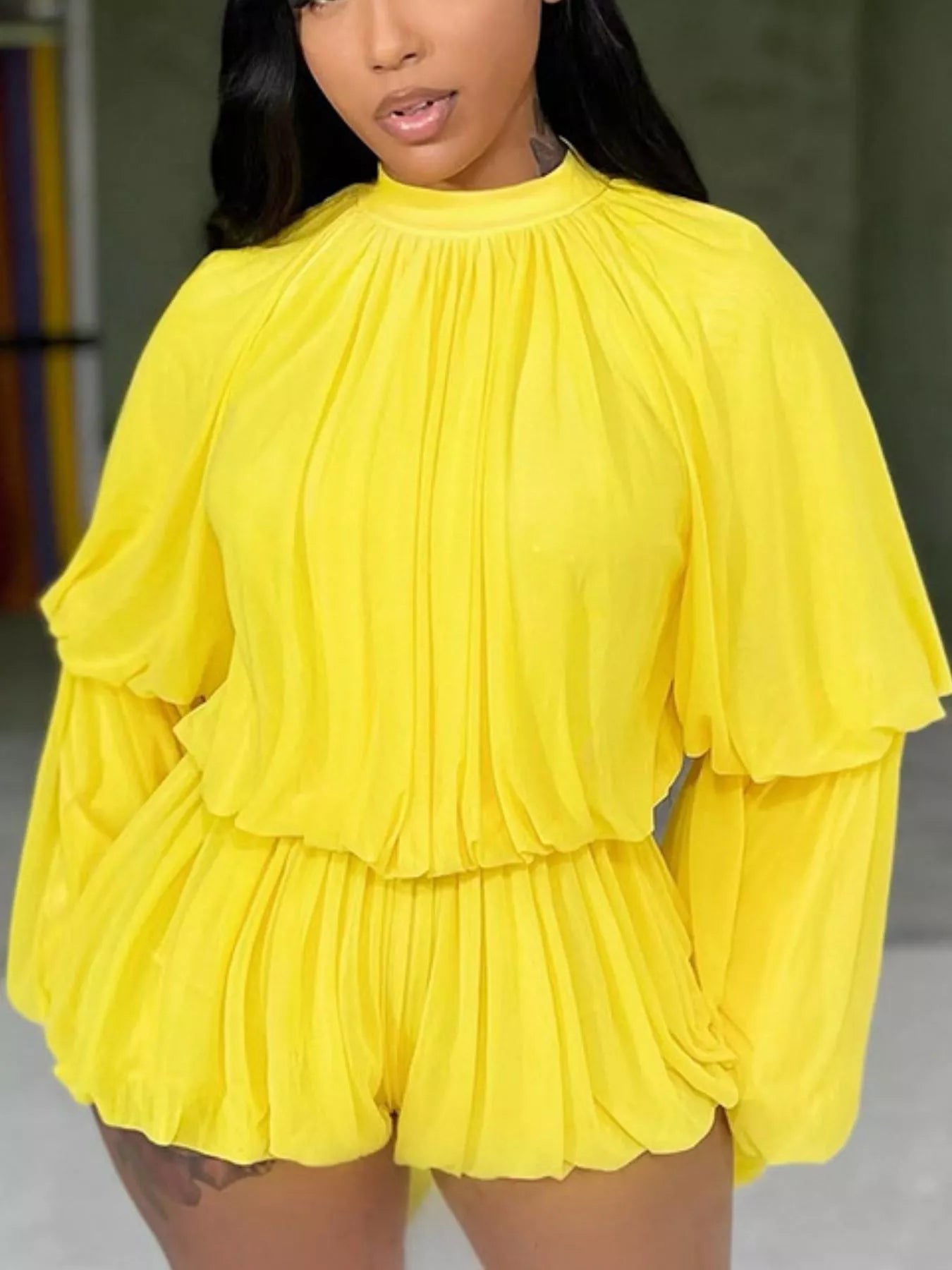 Elegant Pleated Bell Sleeve Romper