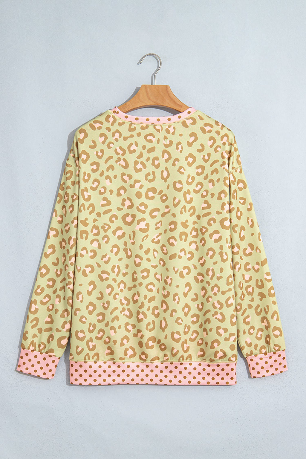 Pink Leopard Polka Dot Colorblock Trim Long Sleeve Top