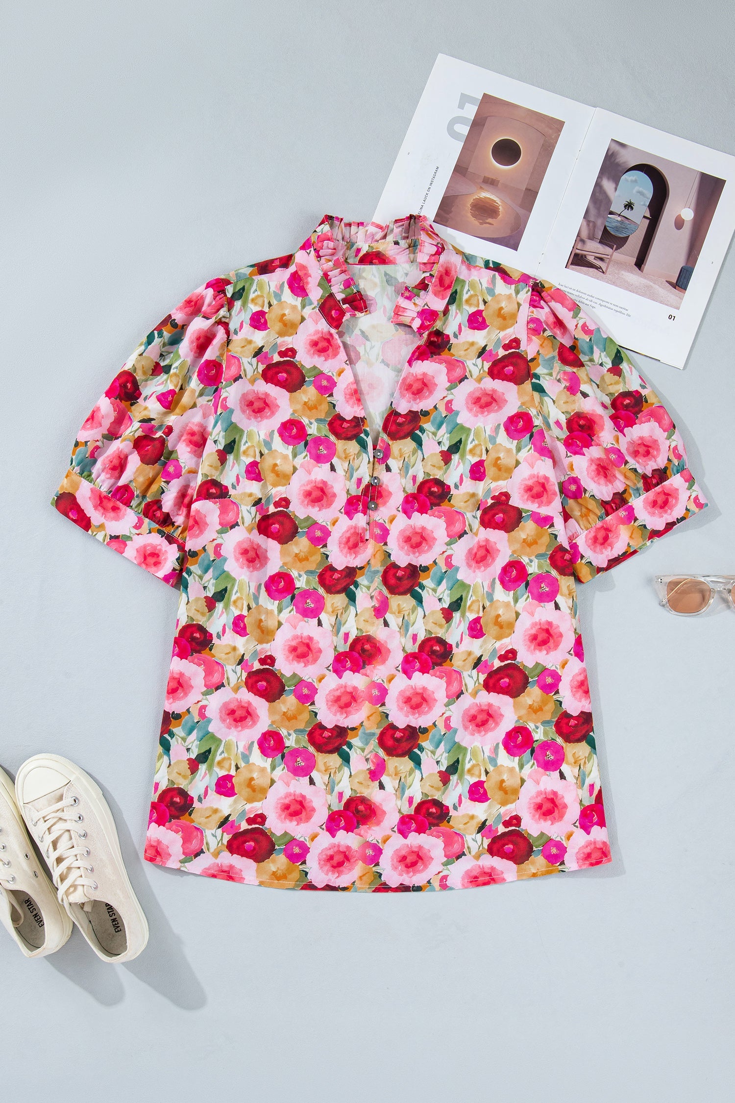 Pink Plus Size Flower Print Split V Neck Puff Short Sleeve Top