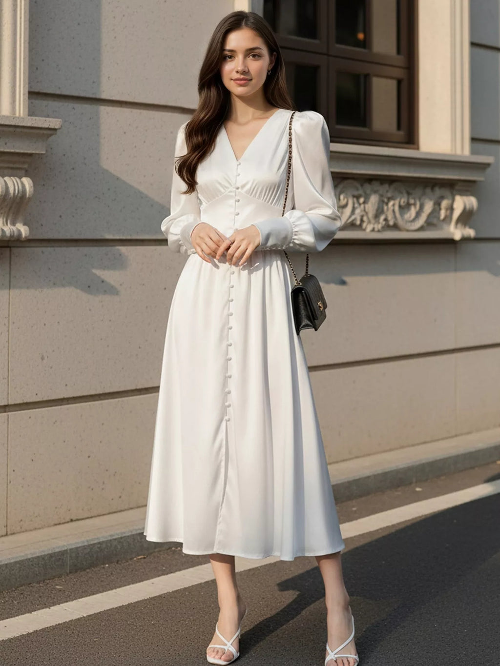V-Neck Lantern Sleeve Midi Dress