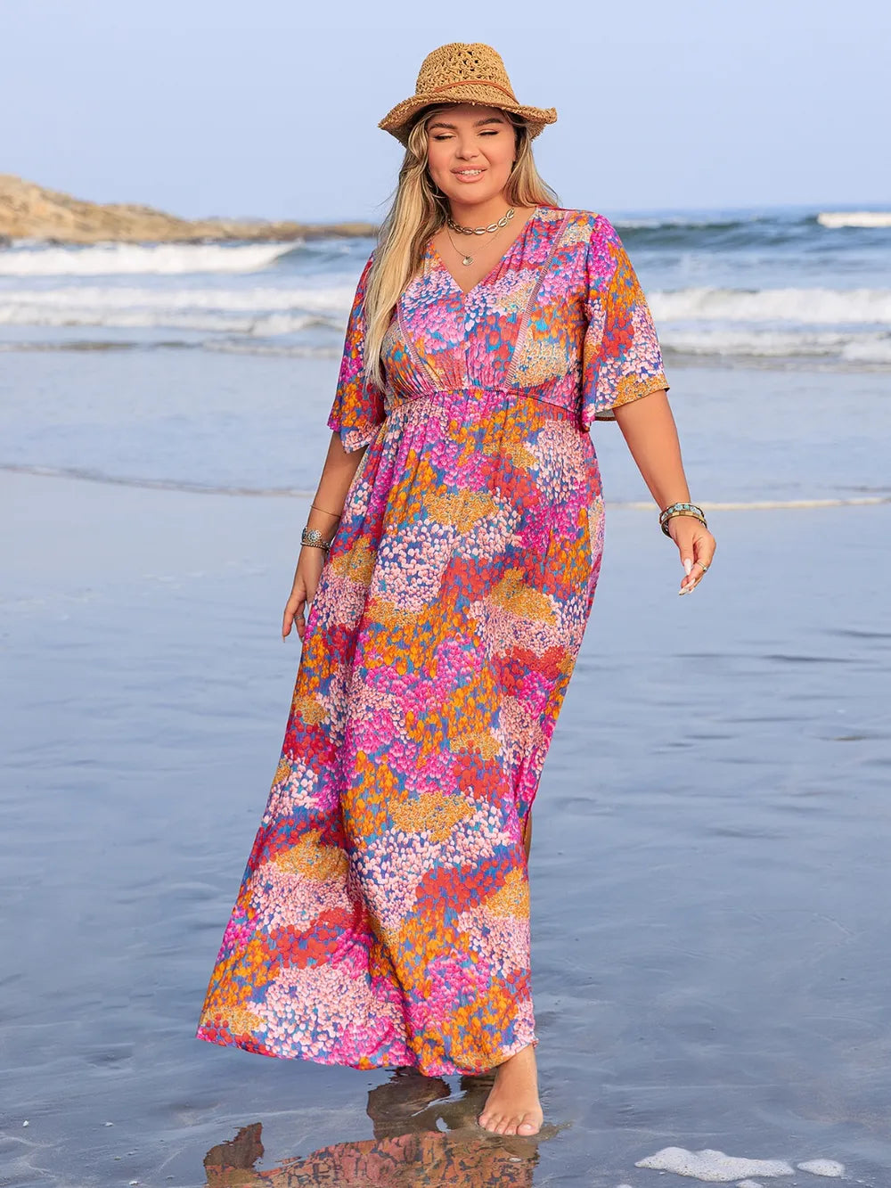 Printed V-Neck Half Sleeve Maxi Dress