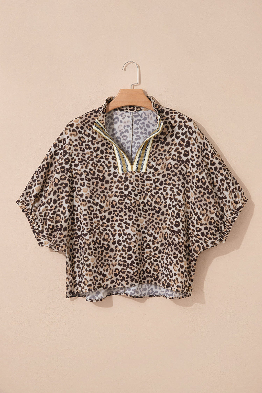 Leopard Contrast Trim V Neck Half Sleeve Western Dolman Blouse