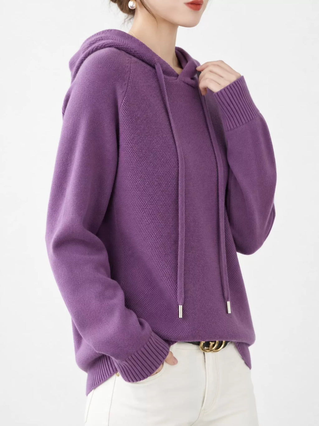 Drawstring Long Sleeve Hooded Knit Sweater