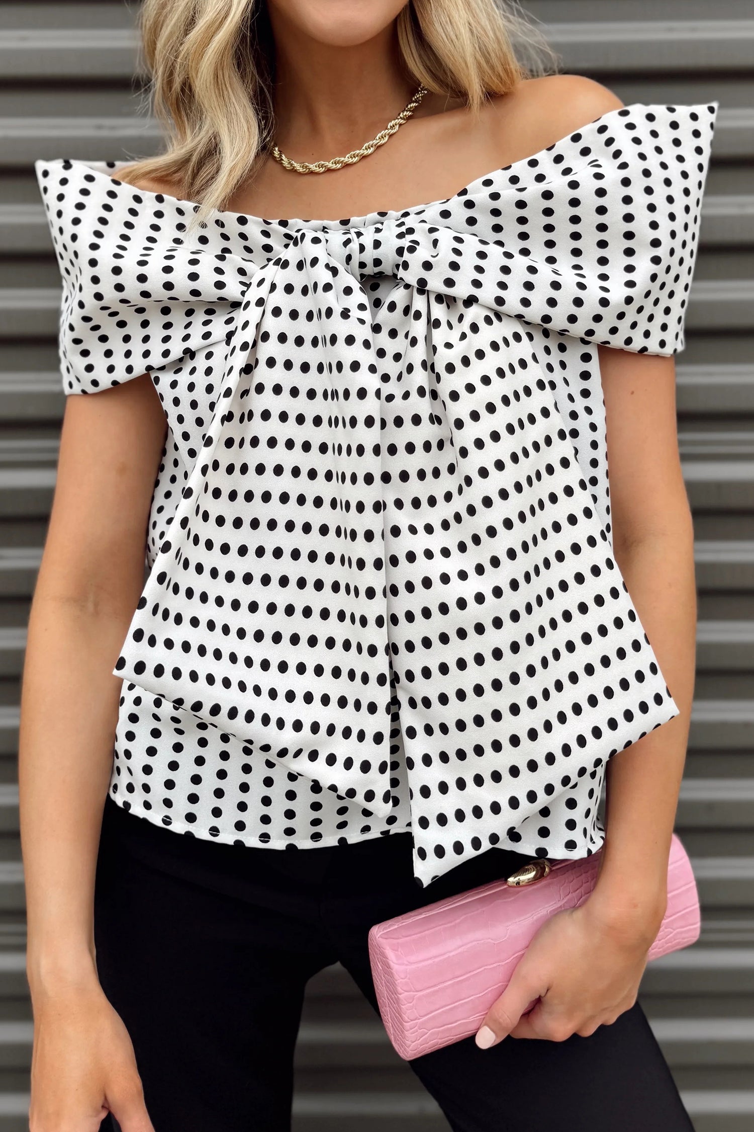 White Polka Dot Off Shoulder Bow Knot Short Sleeve Blouse