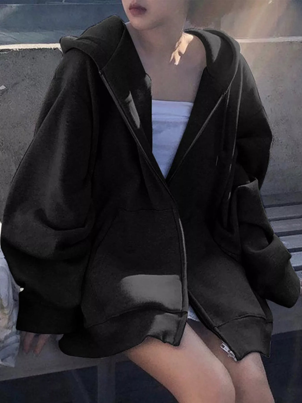 Full Size Zip-Up Dropped Shoulder Hoodie Plus Size