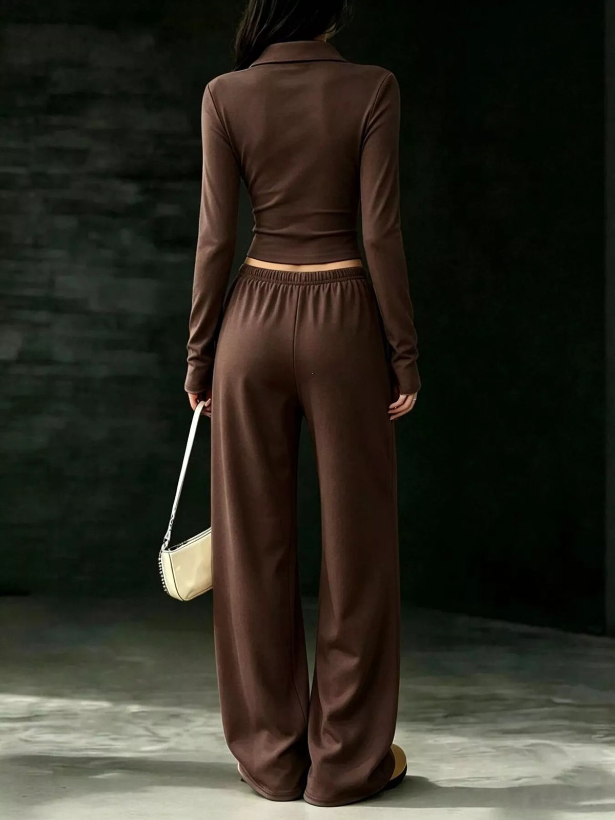 Long-Sleeve Polo Top and Wide-Leg Pants Set