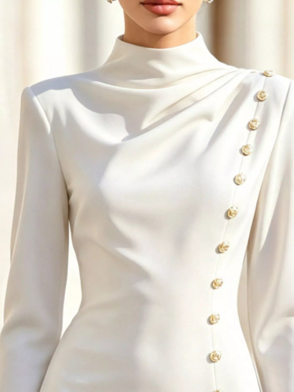 Mock Neck Long-Sleeve Bodycon Dress with Gold-Tone Button Detailing