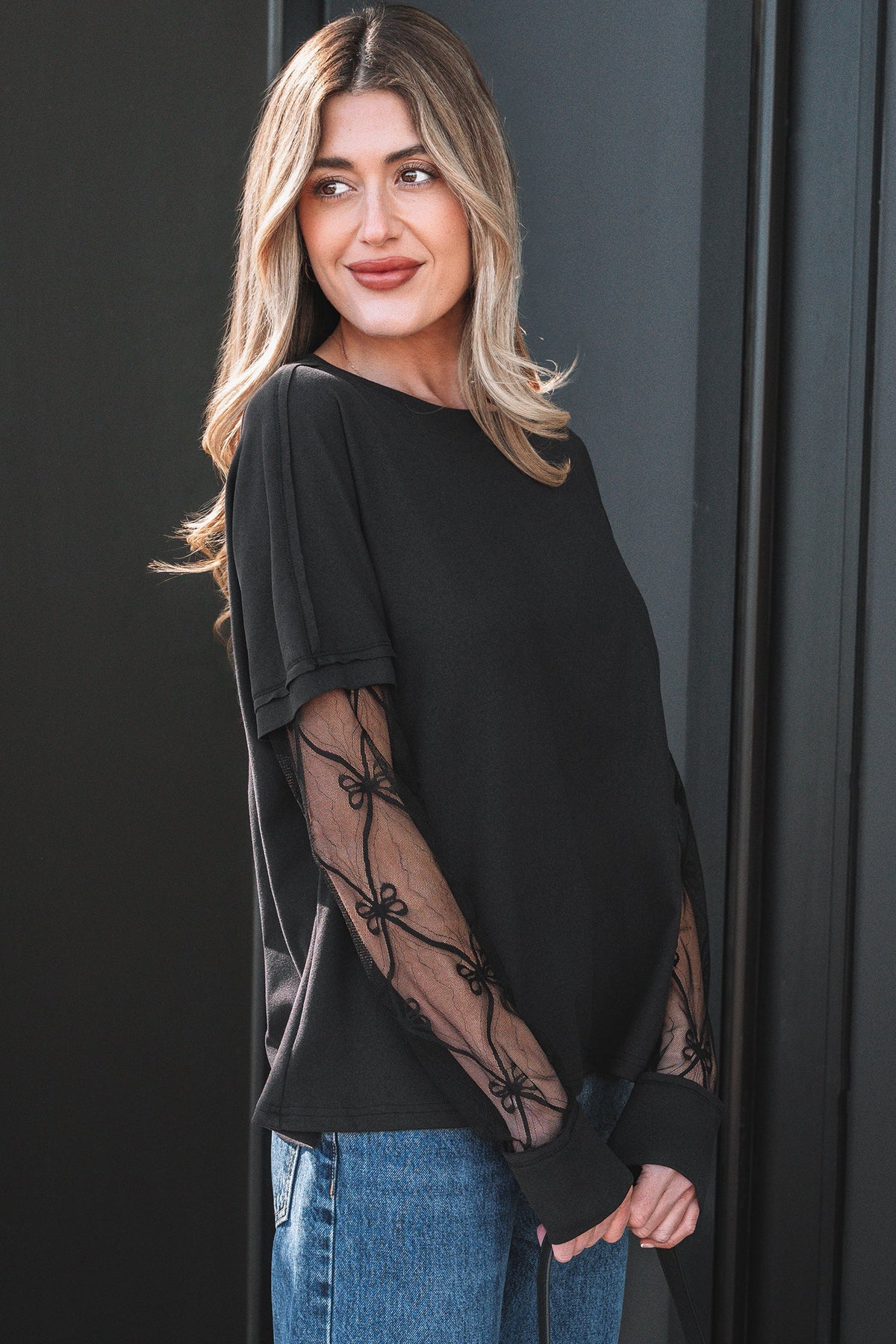Bow Mesh Patchwork Long Sleeve Tee