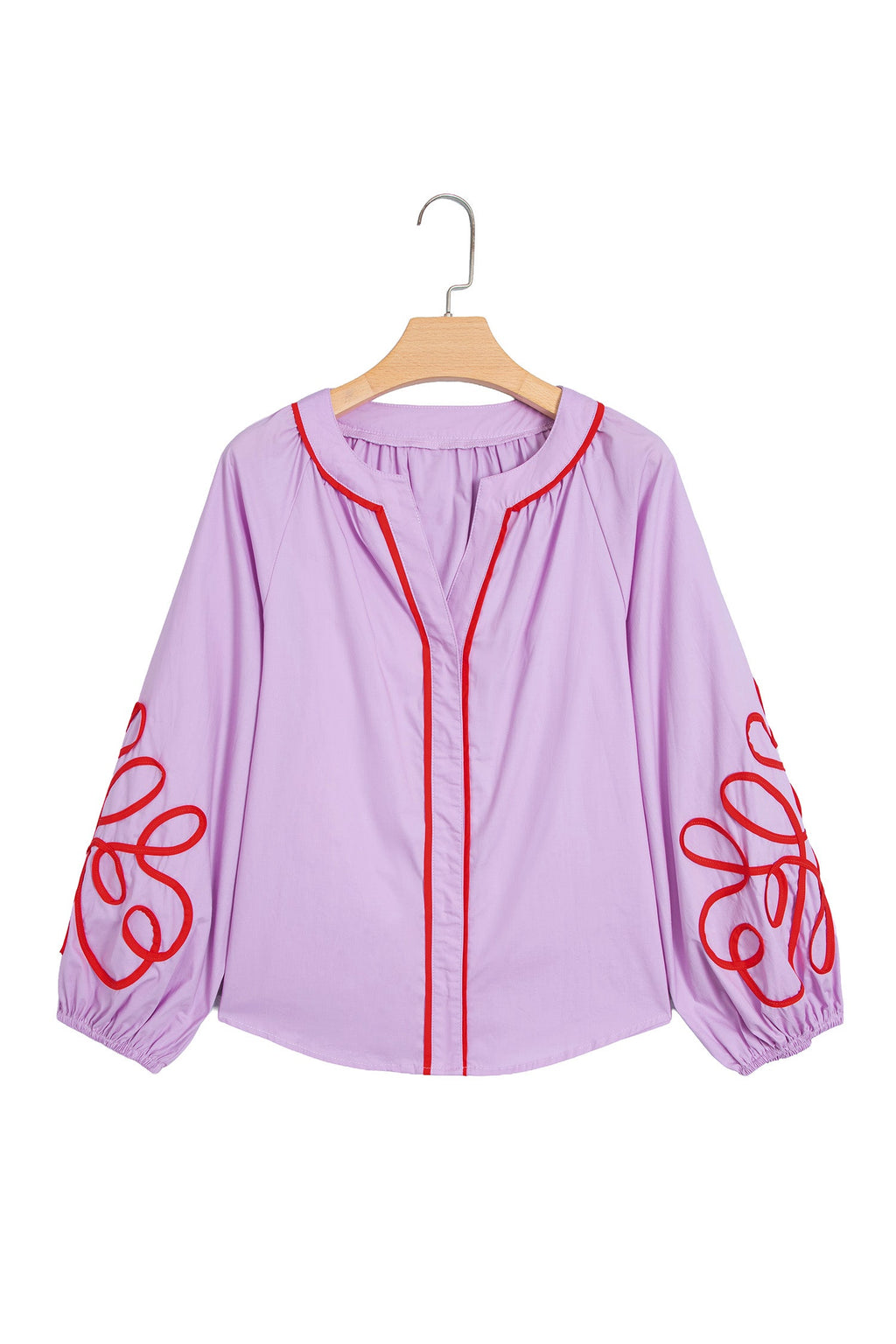 Orchid Bouquet Contrast Detail Long Sleeve Decorative Neckline Cotton Blouse