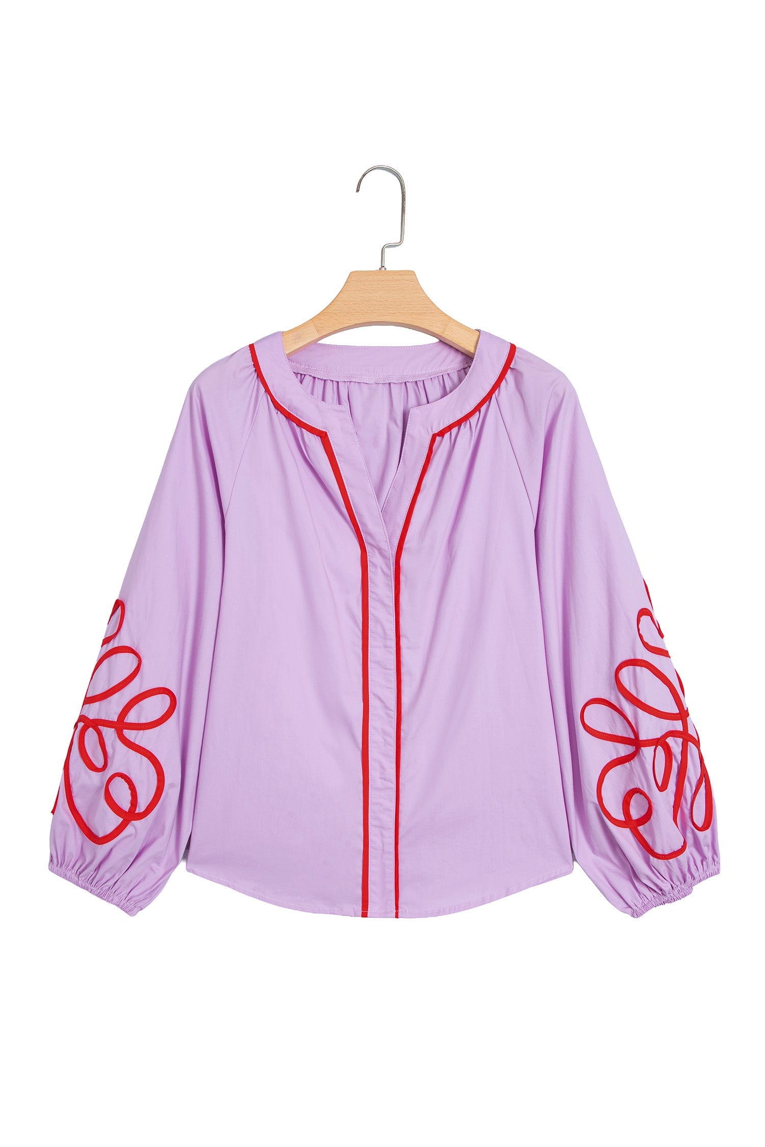 Orchid Bouquet Contrast Detail Long Sleeve Decorative Neckline Cotton Blouse