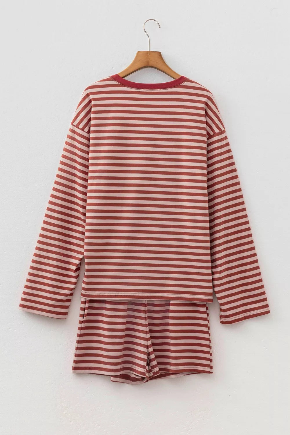 Stripe Relaxed Long Sleeve Top Contrast Elastic Waistband Short Set