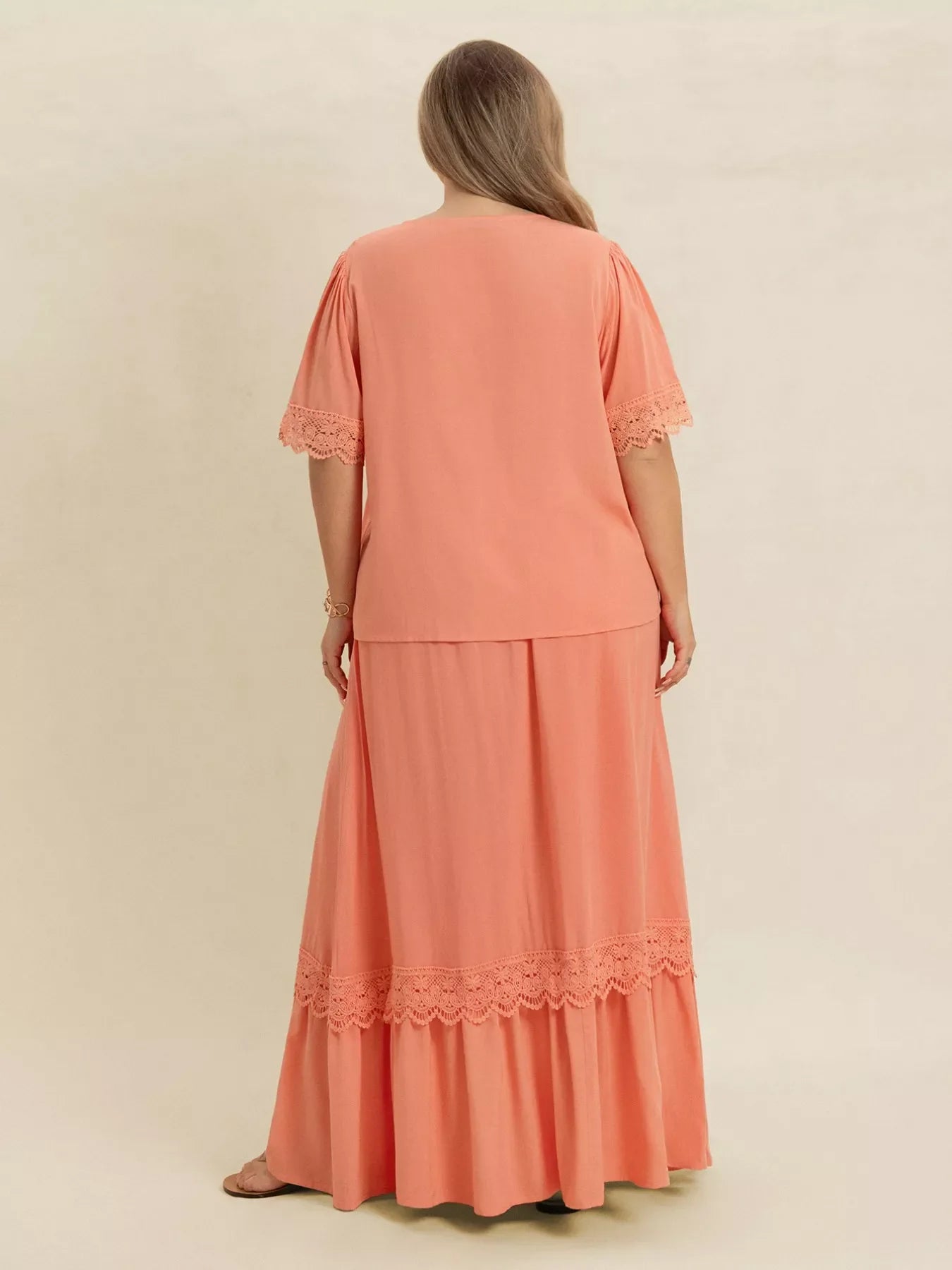 Lace Detail Tie Neck Top and Skirt Set