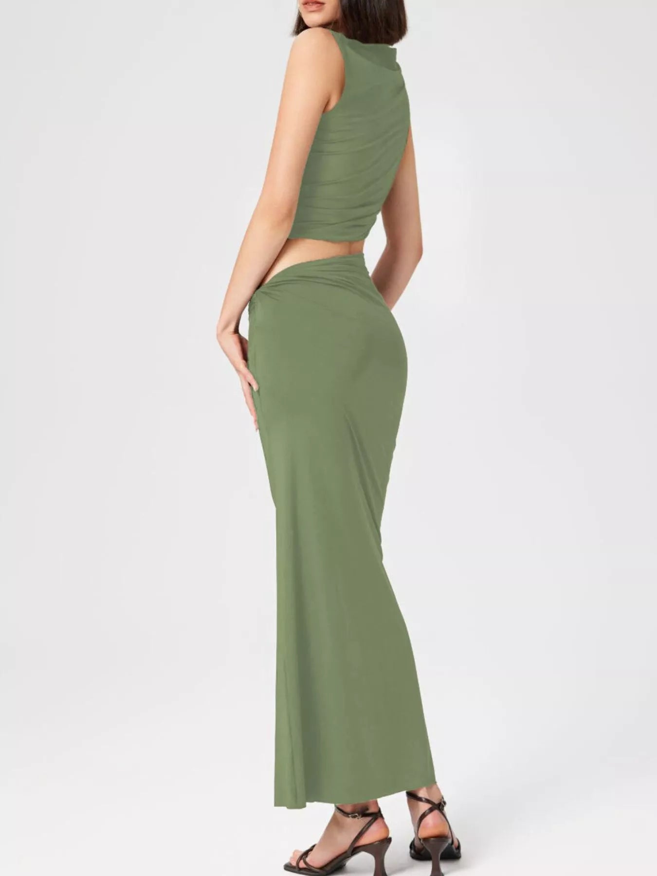Asymmetrical Ruched Knit Top and Skirt Set
