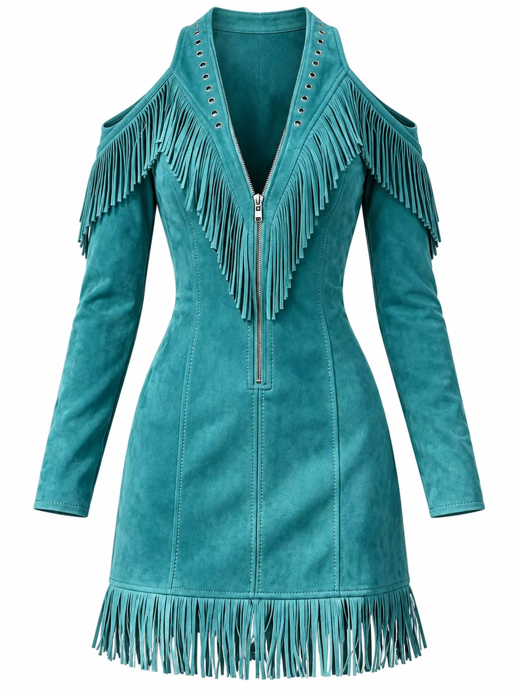 Full Size Fringed Cold-Shoulder Zip-Front Mini Dress Plus Size