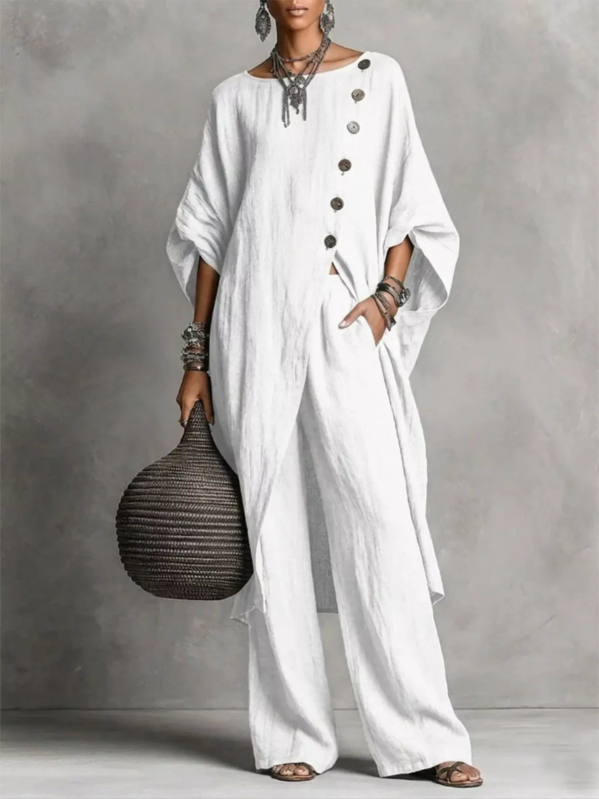 Full Size Asymmetric Button-Down Top and Wide-Leg Pants Set Plus Size