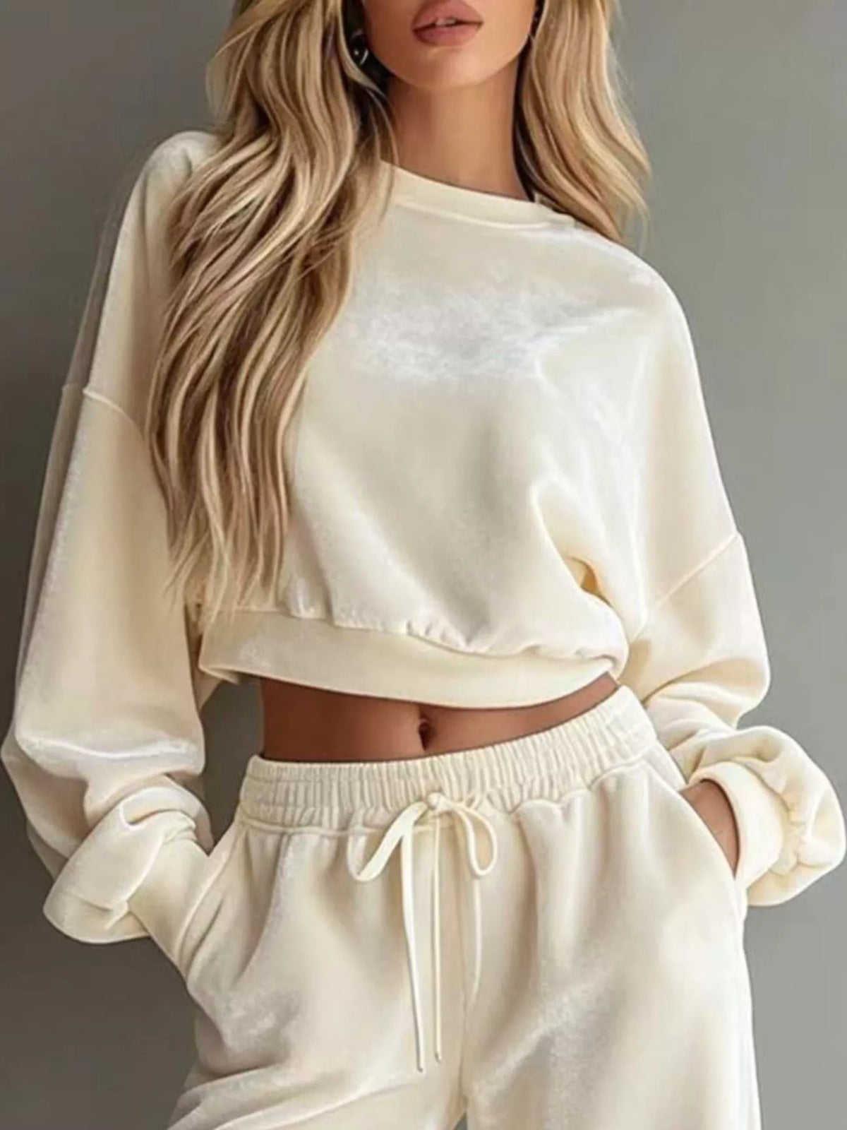 Full Size Cropped Sweatshirt and Wide-Leg Pants Set Plus Size