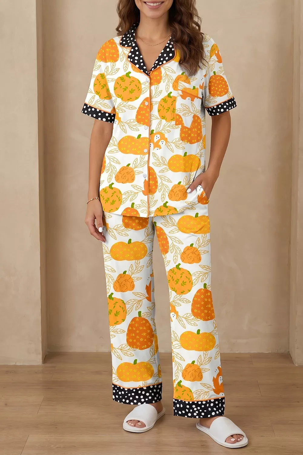 Short Sleeve Pumpkin Print Polka Dot Trim Pocket Placket Lounge Set