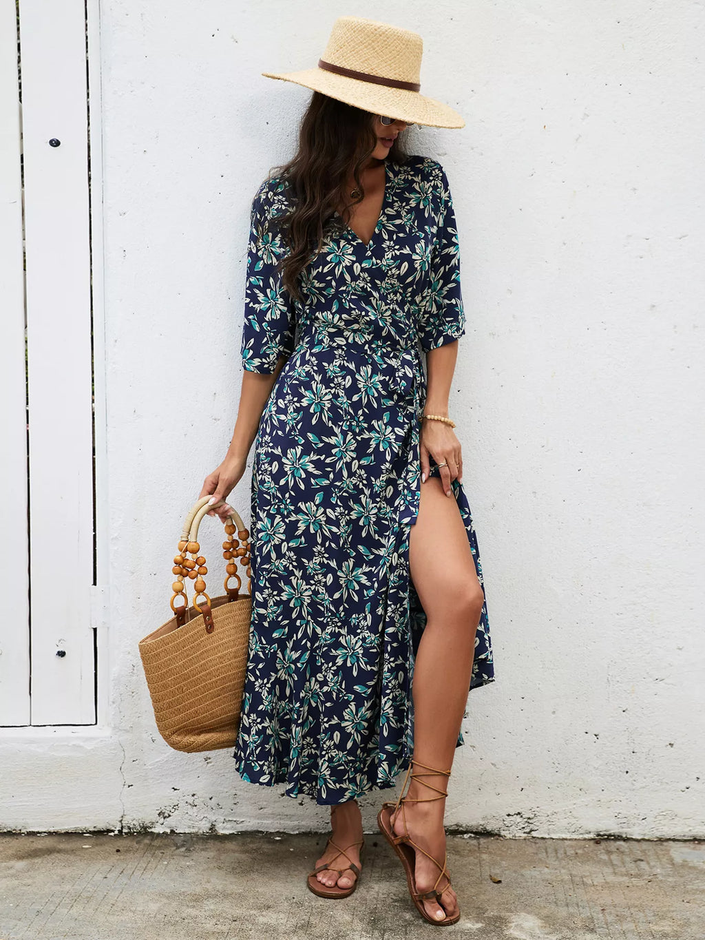 Slit Printed Surplice Midi Dress