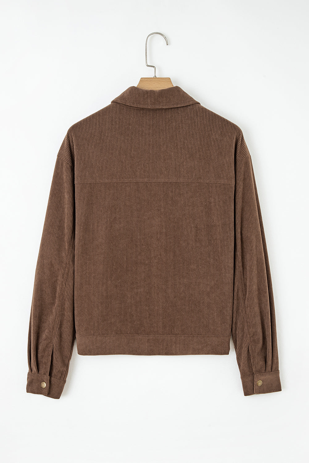 Solid Corduroy Lapel Collar Zip-Up Buttoned Jacket