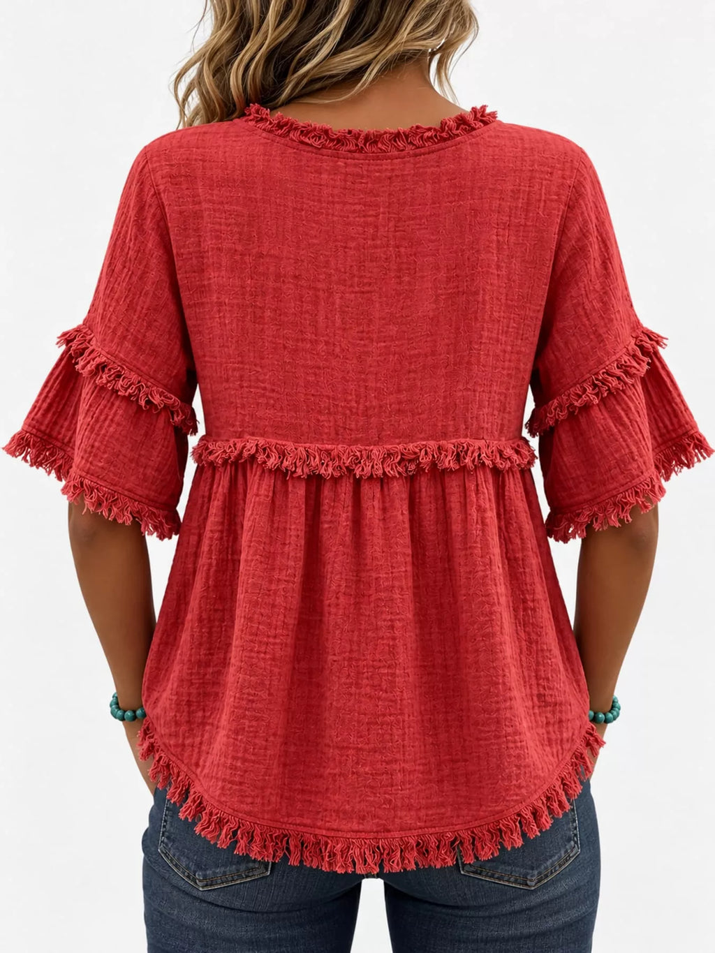 Full Size Frayed Edge Textured Blouse Plus Size