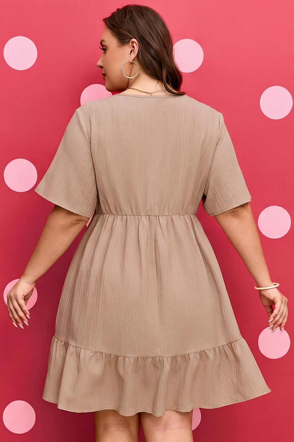 Dark Khaki Textured Ruffled Short Sleeve Dress