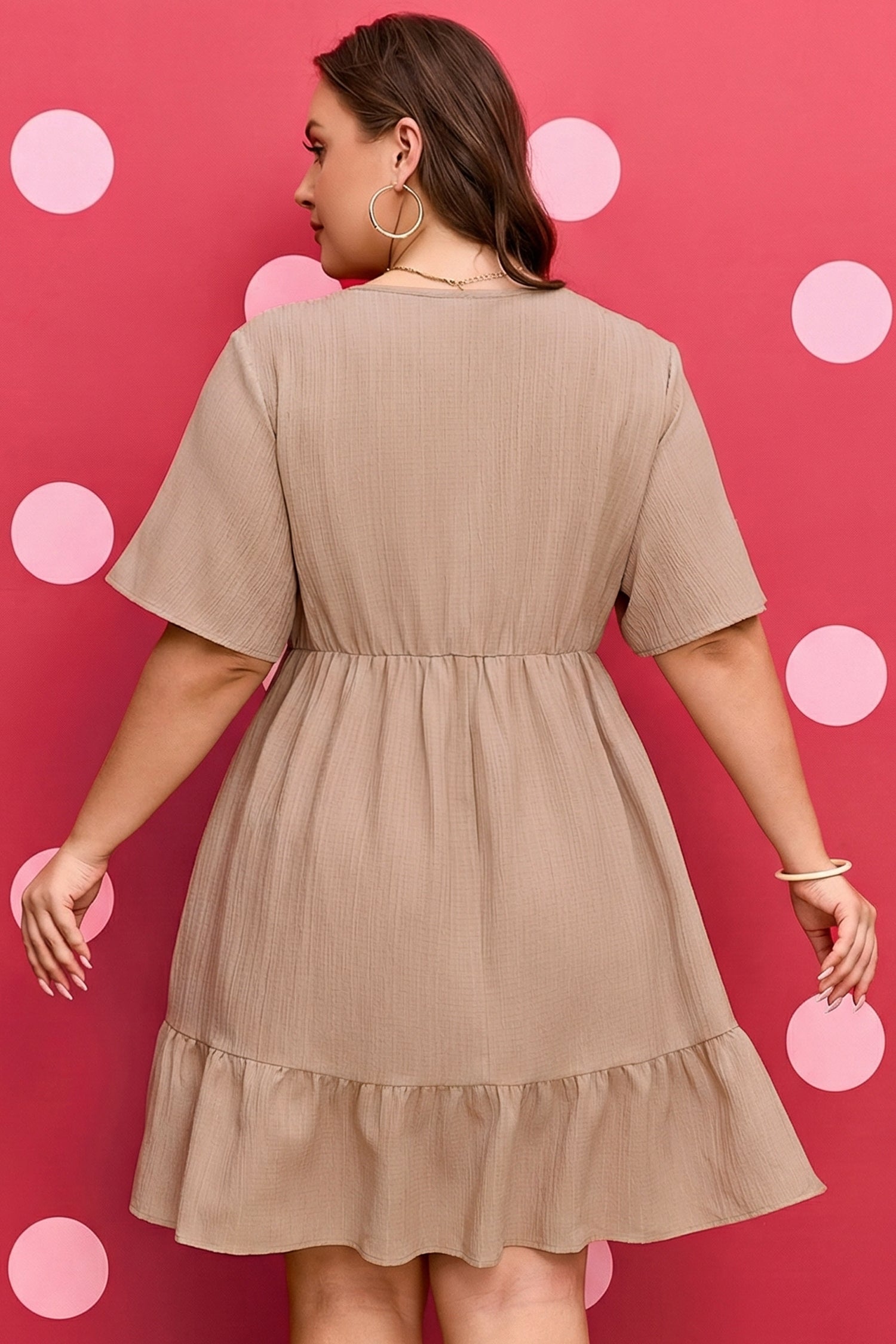 Dark Khaki Textured Ruffled Short Sleeve Dress