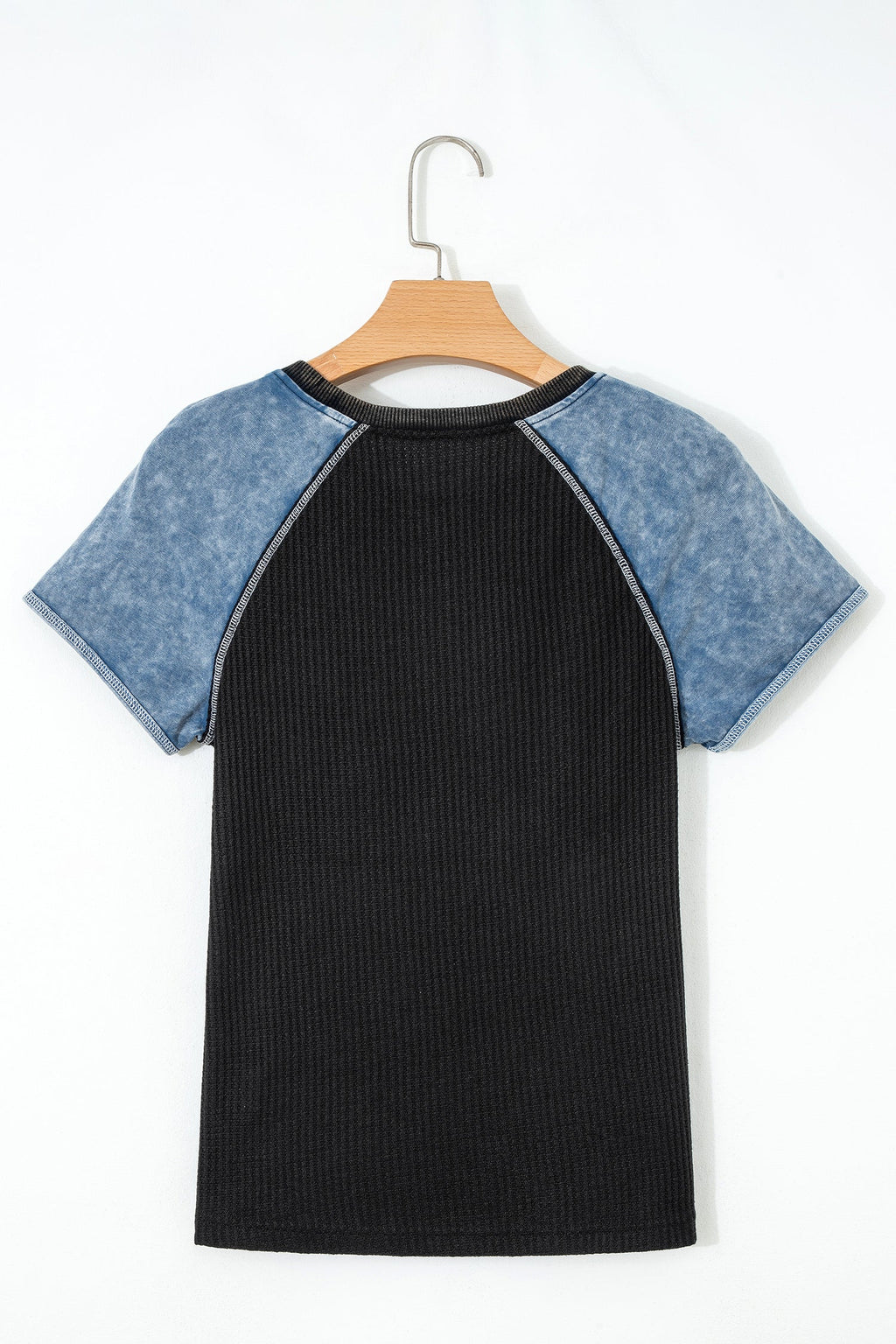 Carbon Grey Waffle Knit Seam Detail Color Block Patchwork Short Sleeve Top