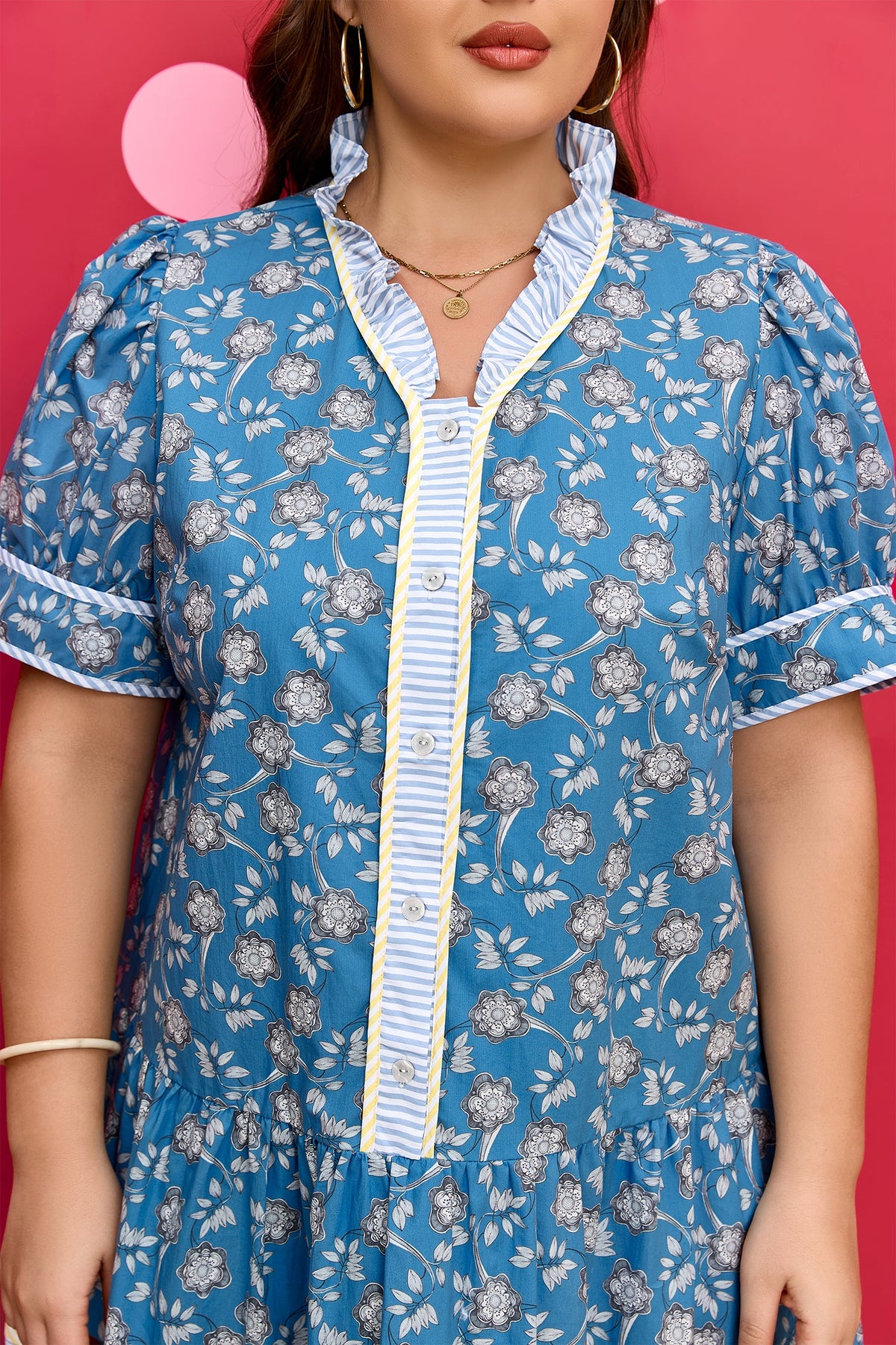 Plus Size Floral Stripe Patchwork Ruffle Dress