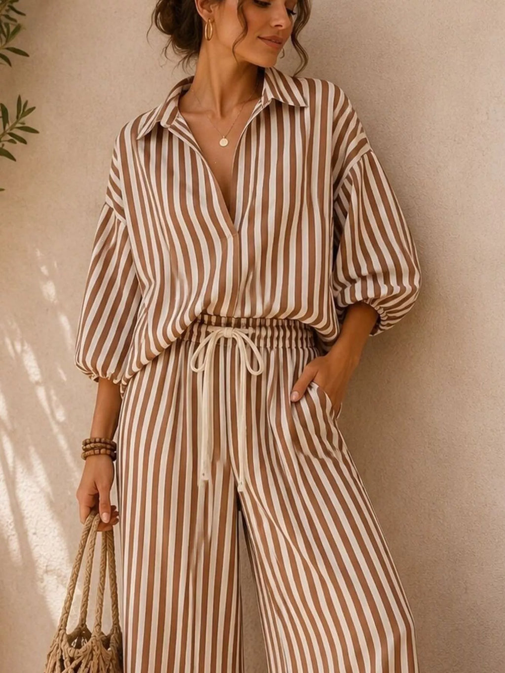 Full Size Striped Relaxed Fit Shirt and Wide-Leg Pants Set Plus Size
