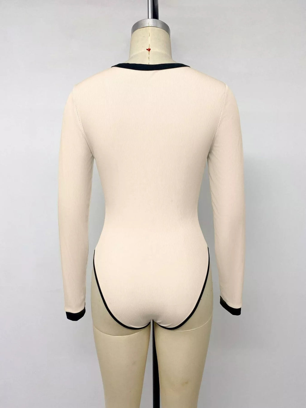 Ribbed V-Neck Long Sleeve Bodysuit with Contrast Trim