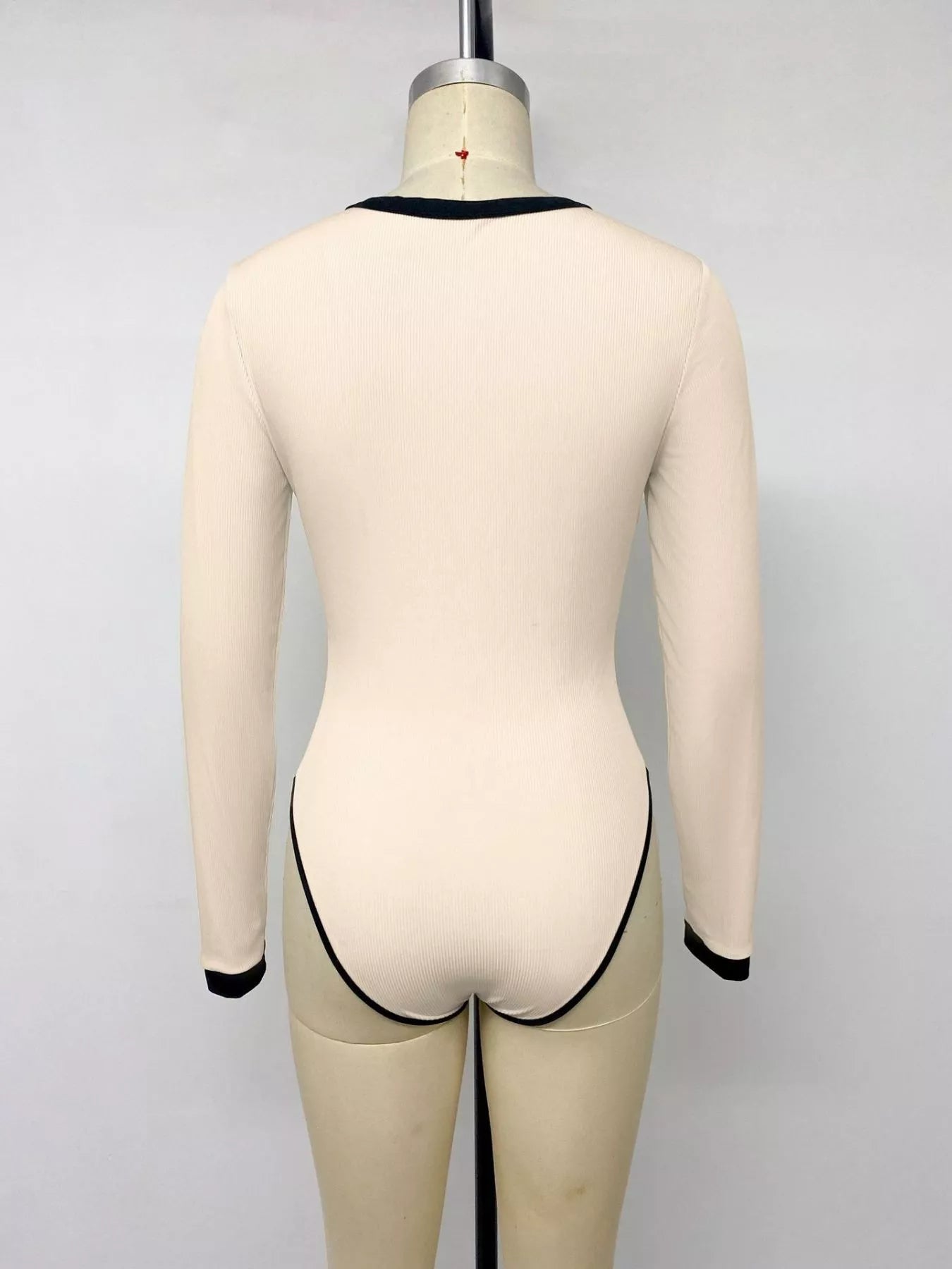 Ribbed V-Neck Long Sleeve Bodysuit with Contrast Trim
