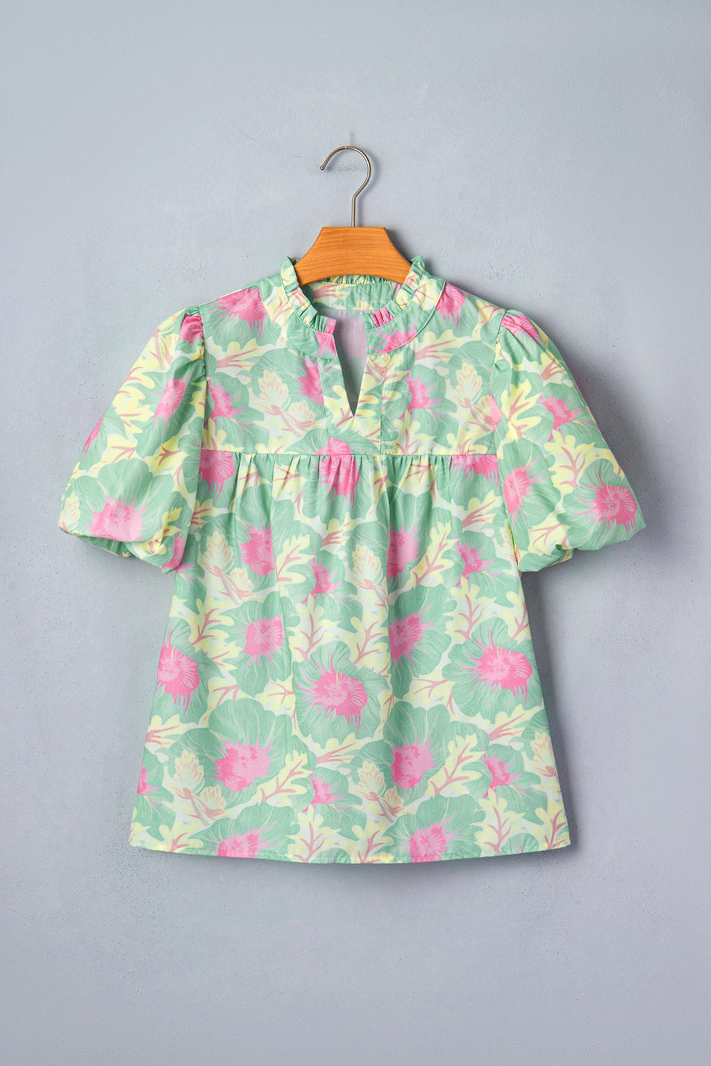 Green Short Bubble Sleeve Summer Floral Blouse