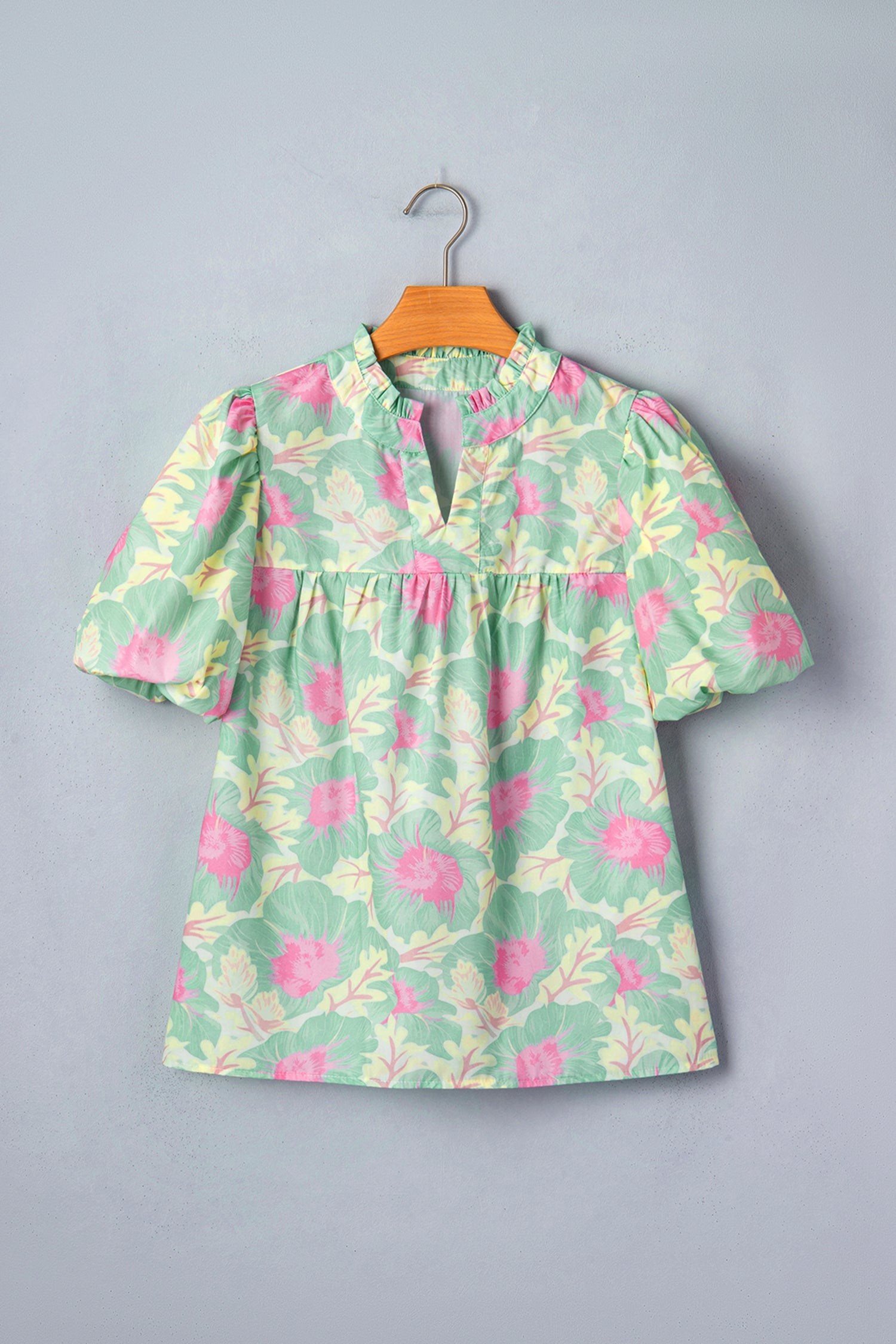 Green Short Bubble Sleeve Summer Floral Blouse