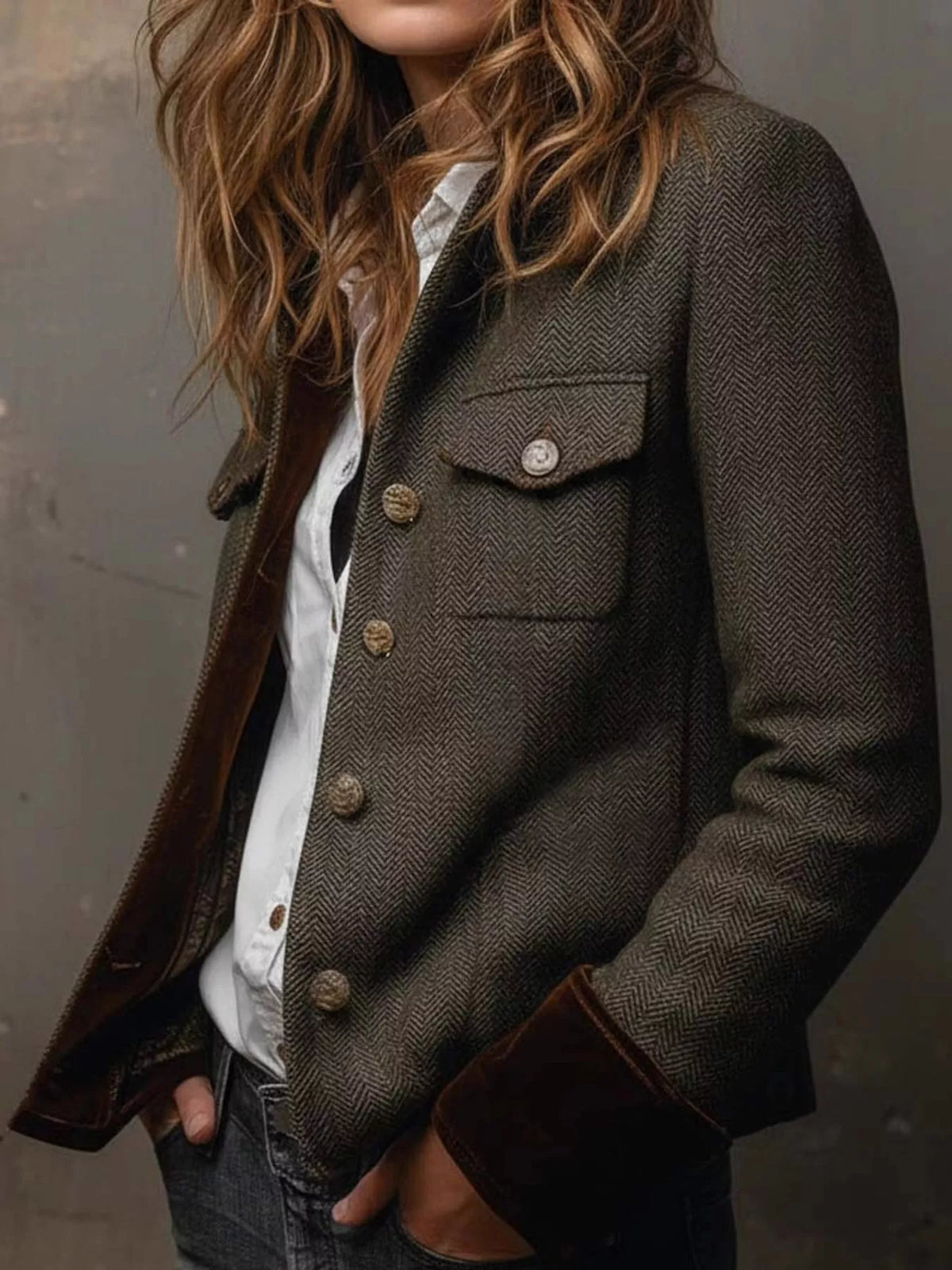 Full Size Vintage Herringbone Tweed Blazer with Velvet Cuffs Plus Size