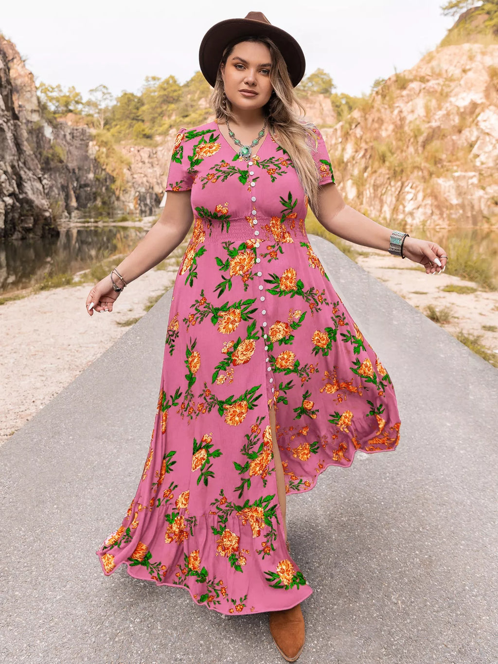 Floral V-Neck Short Sleeve Maxi Dress