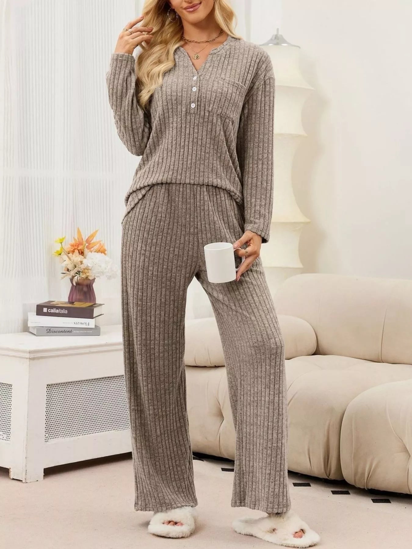 Ribbed Knit Top and Wide-Leg Pants Set