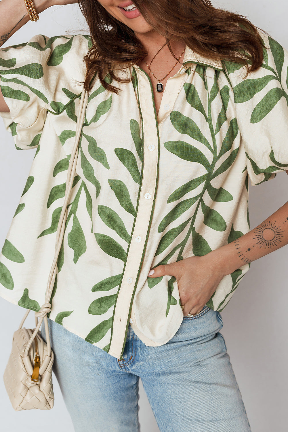 Leaf Short Balloon Sleeve Buttoned Shirt