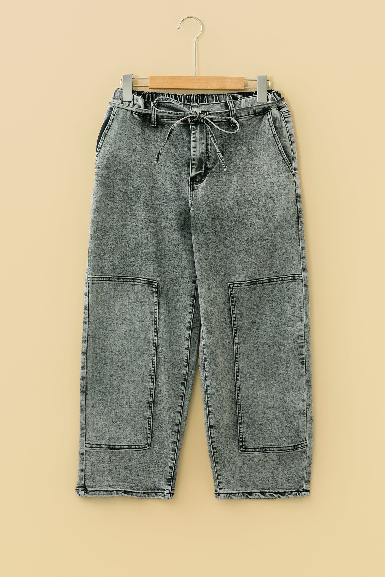 Gray Acid Wash Tie Waist Denim Pants