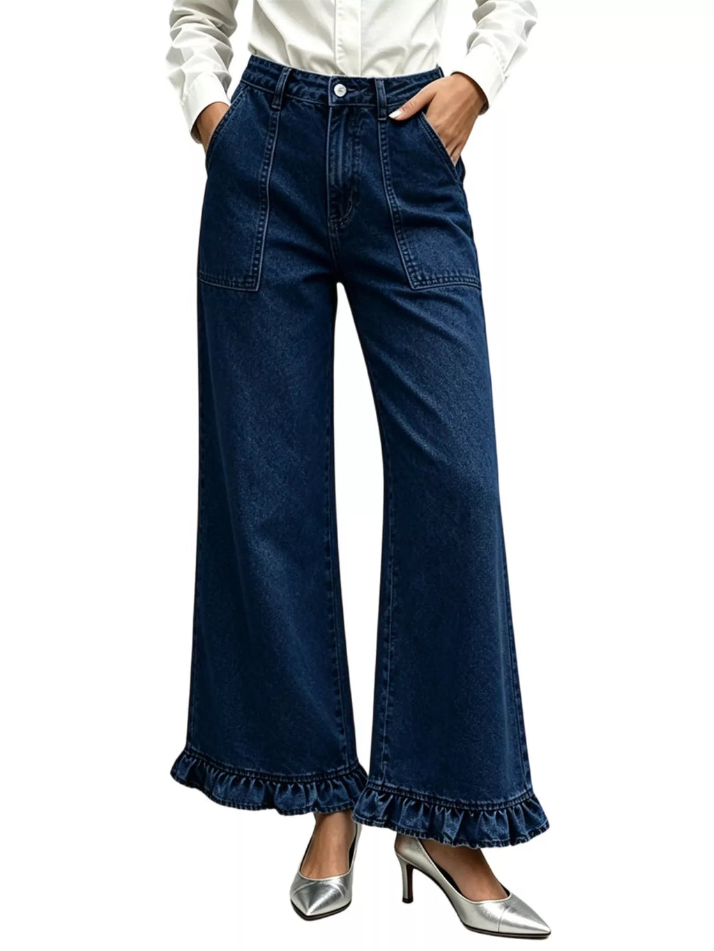 High-Waisted Wide-Leg Ruffle Hem Jeans