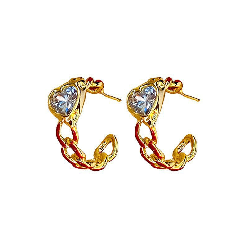 Womens Retro Enamel Heart Rhinestone Twisted C Shaped Hoop Earrings,Costume Earrings For Daily Party Wear