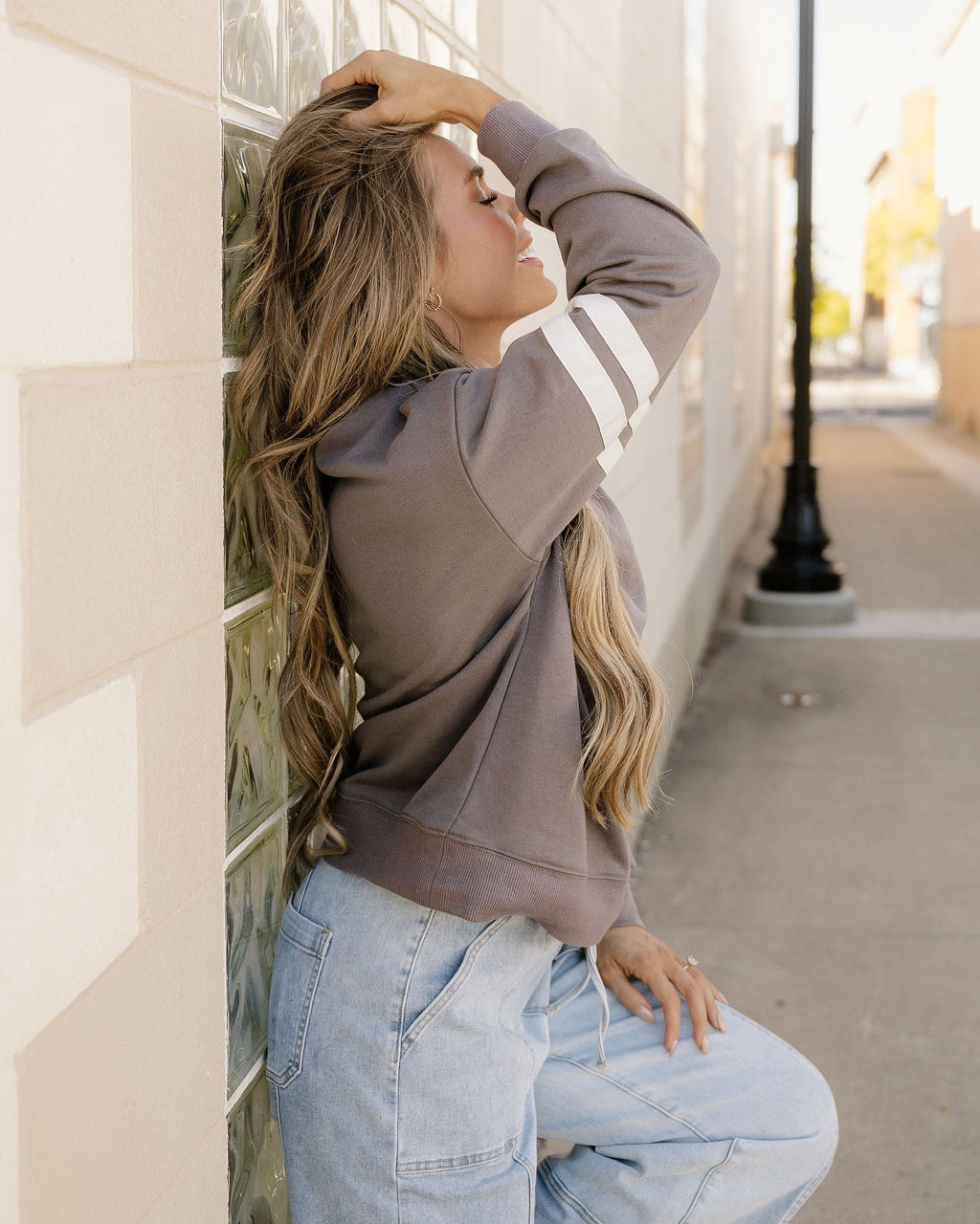 Varsity Striped Sleeve Loose Sweatshirt - Dark Gray