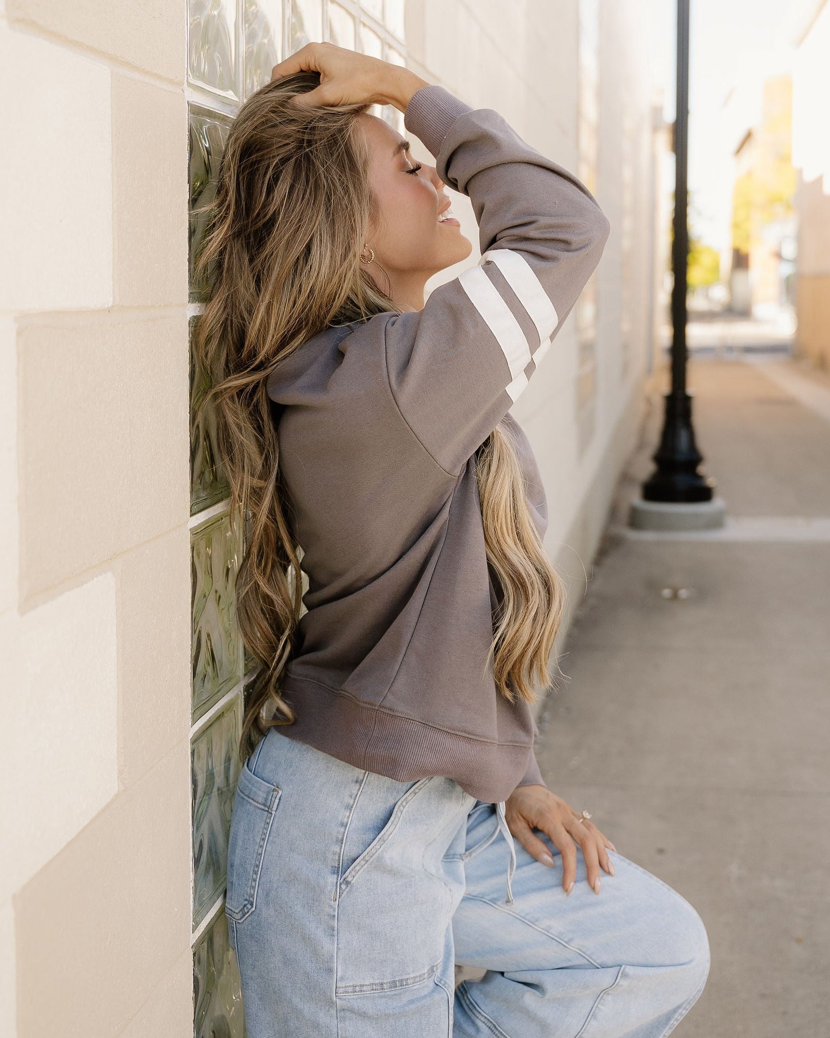Varsity Striped Sleeve Loose Sweatshirt - Dark Gray