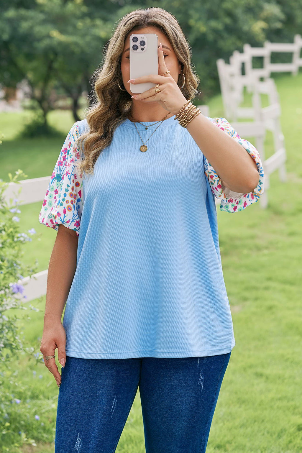 Light Blue Textured Bodice Contrast Floral Sleeve Plus Size Top