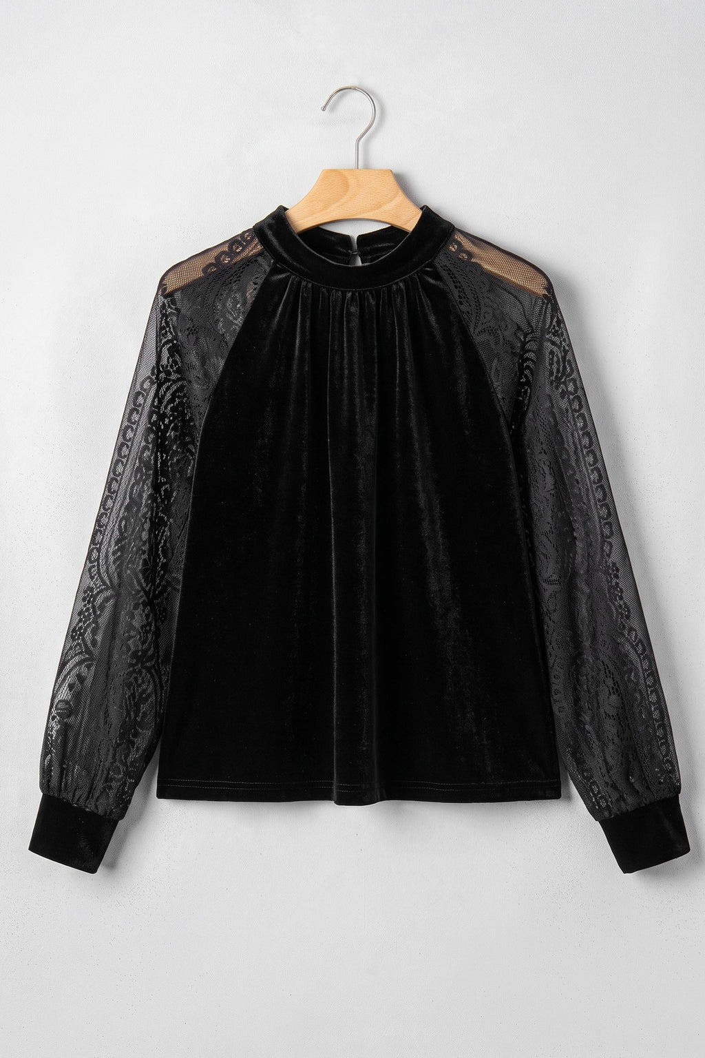 Color Black Solid Color Sheer Lace Long Sleeve Patchwork Stand Neck Velvet Blouse