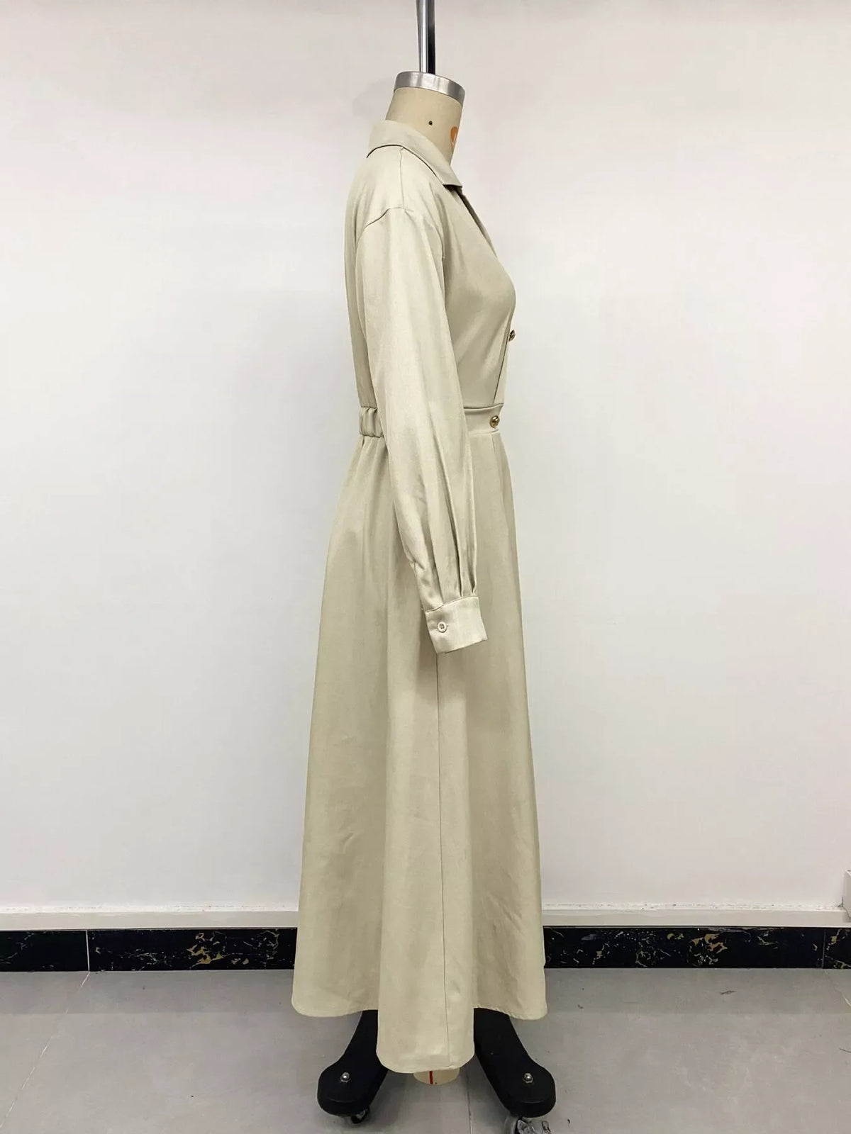 Pleated Button Detail Long Sleeve Shirt Dress