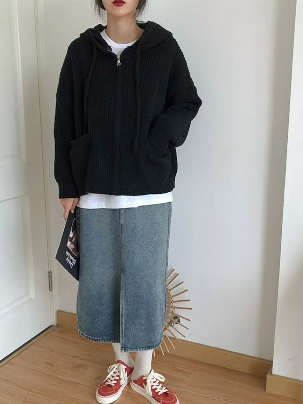 Casual Knitted Zip-Up Hooded Cardigan