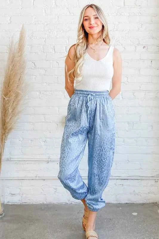 Pale Blue Satin Leopard Print Joggers