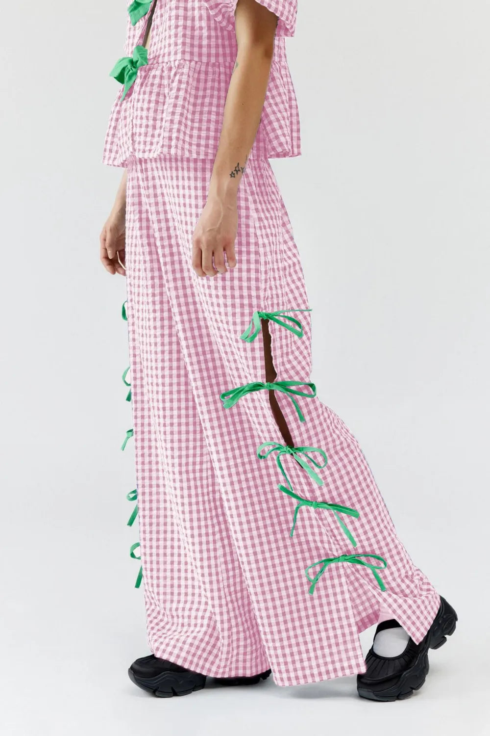 Side Tied Plaid Pants with Relaxed Leg and Slit